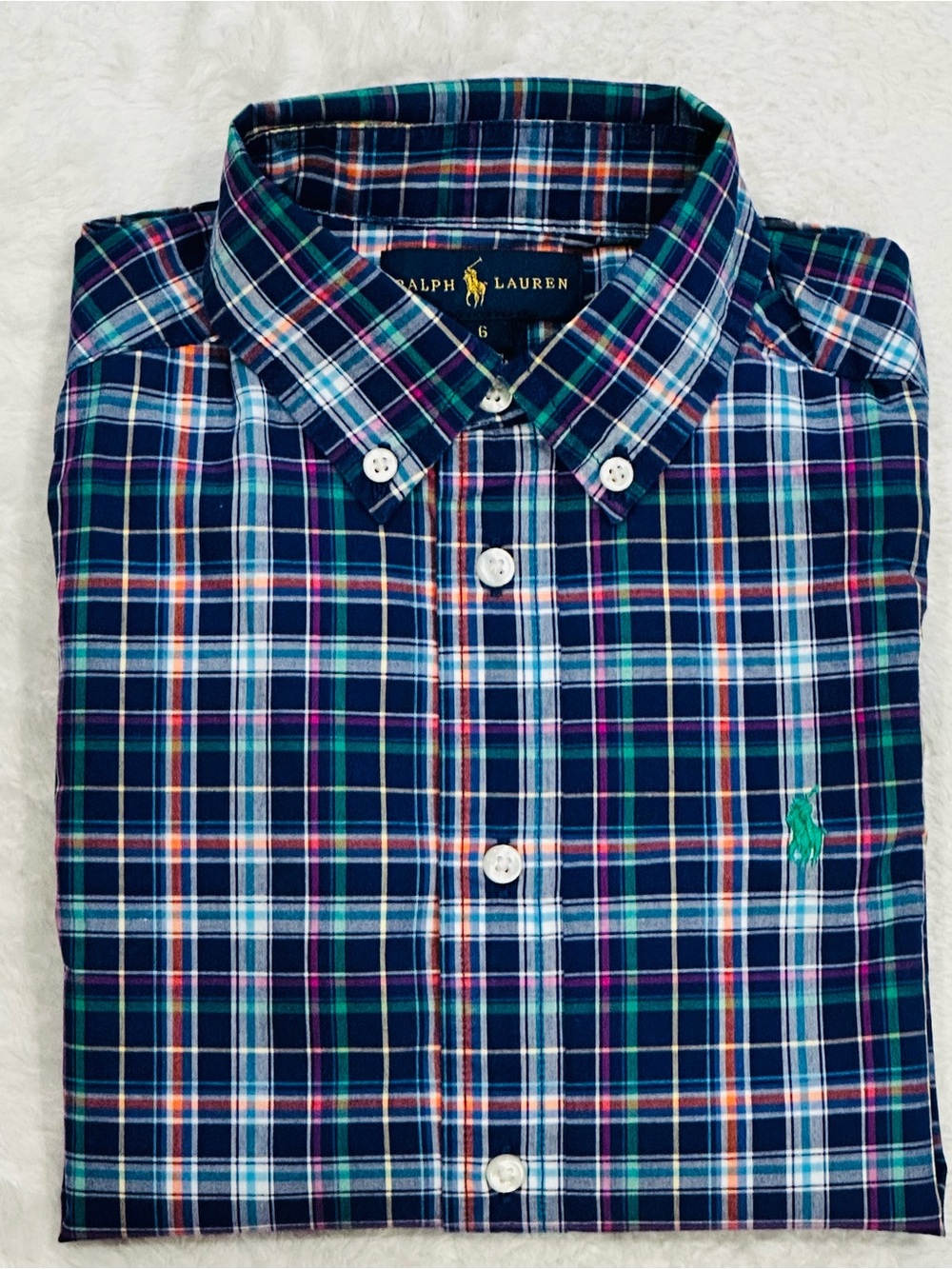 Polo Ralph Lauren Boys Size 6 Plaid Button Shirt Cotton Poplin Blue Green LS